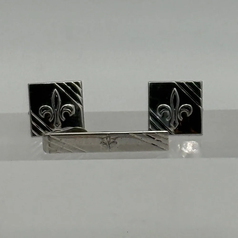 Vintage Fleur De Lis Cufflinks and Tie Clip Set Silver Tone Formal Mens Jewelry